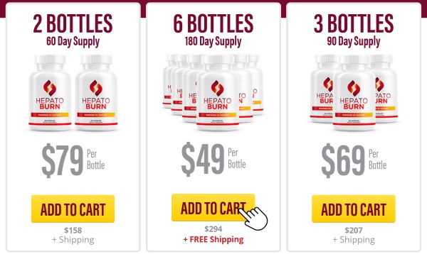 HepatoBurn supplement pricing chart showing single bottle, 3-bottle, and 6-bottle discount packages.